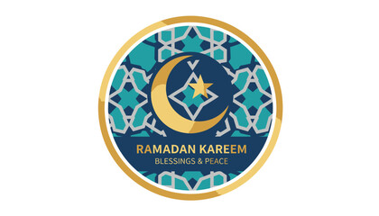 Naklejka premium Ramadan Kareem emblem with crescent moon and star in Islamic geometric pattern on blue background for greeting card