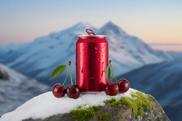 Red Soda Can with Cherries on Snow Covered Rock Against Mountain Landscape on natural background.