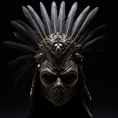 Intricately Ornate Dark Fantasy Mask with Feathered Headdress and Metallic Gold Filigree