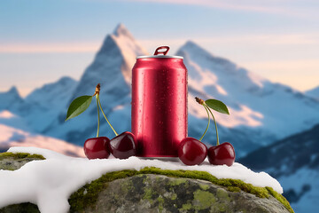 Red Soda Can with Cherries on Snow Covered Rock Against Mountain Landscape on natural background.