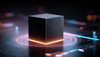 A dark cube levitates, illuminated by a glowing edge, above swirling circuit patterns