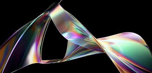A swirling, iridescent ribbon against a stark black background, showcasing light refraction