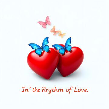 AI Love Rhythm. Isometric illustration of two red hearts tilted toward each other on a pale blue background, blue and pastel butterflies above, romantic text &ldquo;In the Rhythm of Love&rdquo; below.