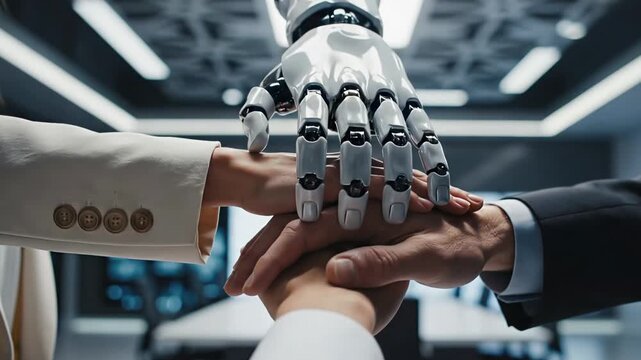 A futuristic concept of human-robot collaboration with a diverse business team joining hands with an ai robot