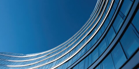 A modern, curved building with glass facade against a vibrant blue sky