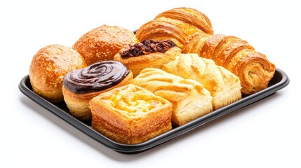  tempting assortment of freshly baked pastries, including croissants, sweet rolls, and soft buns, arranged neatly on a black tray.