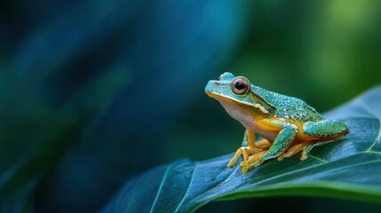 Obraz premium Vibrant Frog Perched on Leaf in Lush Rainforest Environment
