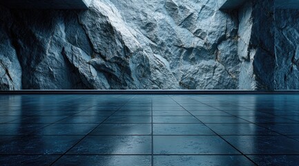 Large stone wall inside a futuristic concrete room with reflective floor