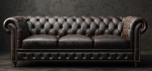 A luxurious, dark brown, tufted leather sofa is centered against a textured, grey-toned wall