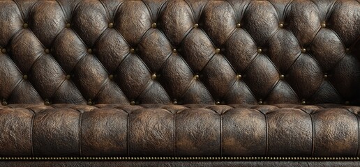 A close-up view of a tufted leather sofa in a warm, brown tone, detailed with metal studs