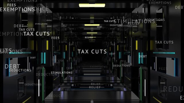 Tax Cuts Tunnel 3D Reduction Relief fees money fly zoom in loop seamless animation