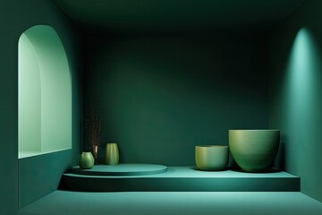 Serene, minimalist interior design with green tones and decorative pottery