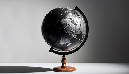 A monochrome globe on a wooden stand casting a shadow on a plain surface