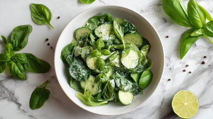 Obraz premium A fresh green salad with basil leaves and lime on a marble countertop background