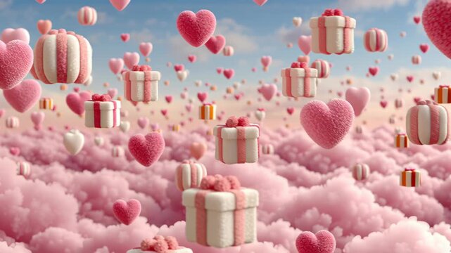Pink fuzzy heart shapes and gift boxes float gracefully against a soft cloudy sky, evoking feelings of love and celebration. ideal for romantic events, valentine's day, and engagement themes, adding a
