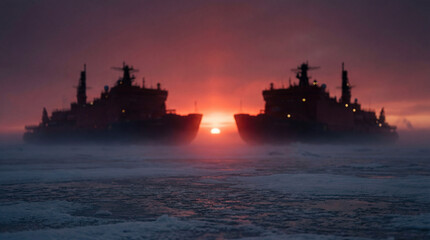 Obraz premium Silhouette of two large icebreakers meeting in the frozen arctic ocean during a red sunrise. Arctic naval standoff with icebreakers at sunset over sea ice, geopolitical tension and polar shipping rout