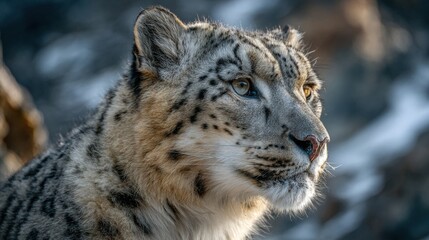 Obraz premium Majestic Leopard with Calm Gaze in Alpine Environment at Dusk