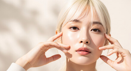 Close-up of a young Asian woman's radiant face with natural makeup and soft lighting