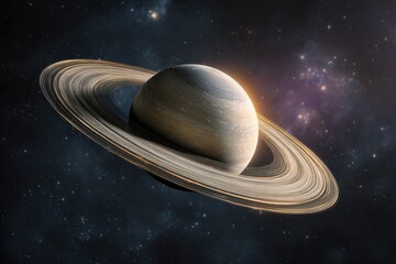A stunning depiction of a gas giant planet, showcasing its iconic ring system against a starry backdrop
