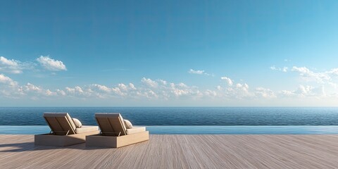 Two lounge chairs on a wooden deck overlooking tranquil ocean under a clear, blue sky