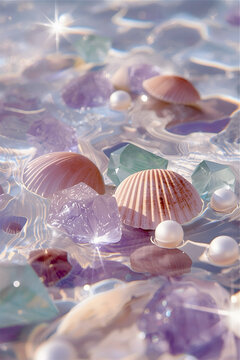 Seashells, pearls, and faceted crystals adorn a shimmering, water-like surface. The shells display soft pink and orange hues, while the crystals are in shades of purple and green