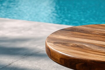 Close-up of a wooden table corner with a pool in the background, showing wood grain