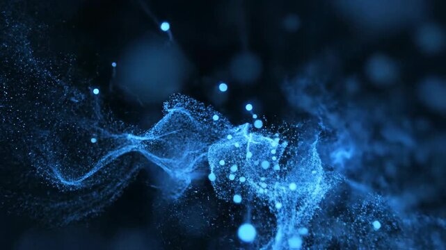 An abstract, dark image of blue glowing particles scattered in a seemingly fluid motion