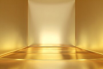 Gleaming gold stage or platform with steps, illuminated by overhead lighting