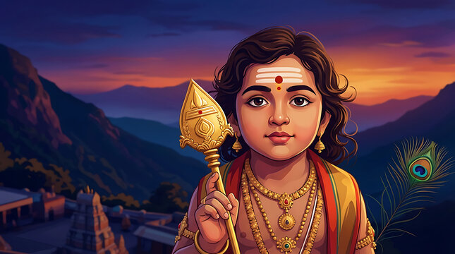 youthful lord murugan holding a golden spear in mountains during a beautiful sunset for religious observation of the sacred tamil festival of thaipusam