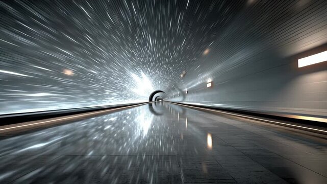 A futuristic tunnel with dynamic light streaks creates a sense of motion and speed. reflective surfaces amplify the effect, suggesting themes of travel, technology, and innovation. ideal for conceptua