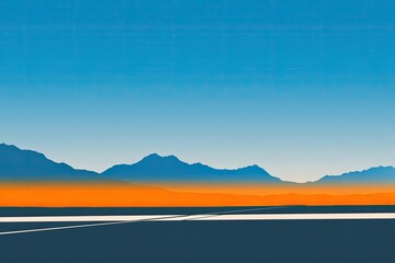 Simplified landscape with mountains, an orange horizon, and a light-reflecting surface