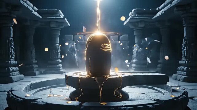 Maha Shivratri Shiva Lingam in Temple, Gold Light View Upward