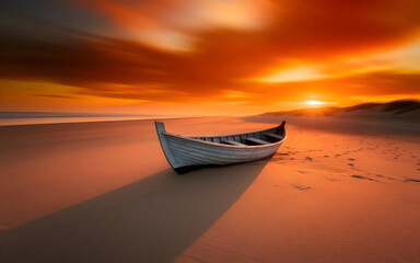 Old wooden rowboat resting on sandy beach during vibrant orange sunset