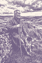 An elderly shepherd with a staff and his loyal dog looks over a rural landscape. Hand-drawn vector illustration in a vintage engraving or woodcut style.