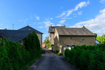 Obraz premium Narrow country road lined with lush green hedges and ivy-covered stone buildings under a bright blue sky with scattered clouds in Saint-Honore-les-Bains.