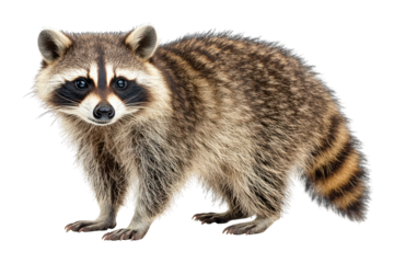 Alert raccoon stands, facing forward with striped fur and masklike markings