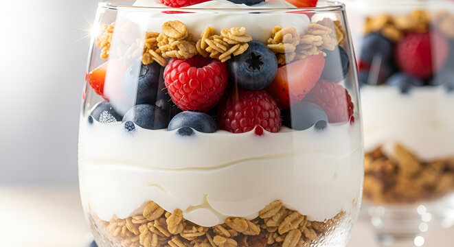 yogurt parfait with granola and berries in a glass