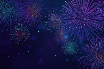 A vibrant, dark blue background features numerous colorful fireworks exploding in a festive display