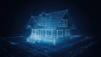 Digital blueprint of a house rendered in bright blue lines, sitting on a blueprint base