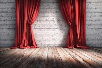 Empty stage with red curtains and a brick wall. Wooden floor in the foreground