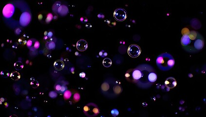 Floating iridescent bubbles of various sizes against a dark, contrasting background