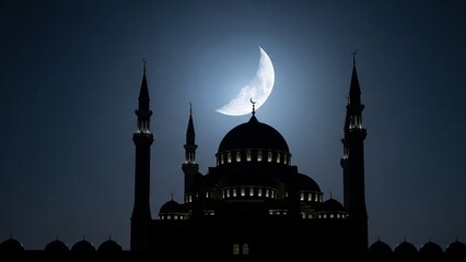 Muslim Mosque Silhouette with Moon in Night Sky Ramadan Islamic Festive Background.