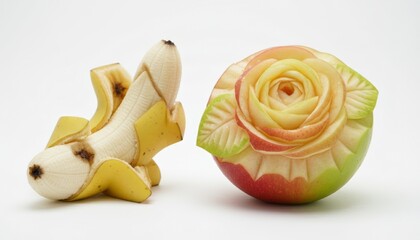 Artistic fruit carving of a rose next to a partially peeled banana