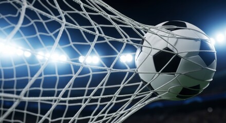 Soccer ball scoring a goal, hitting the net under bright stadium lights
