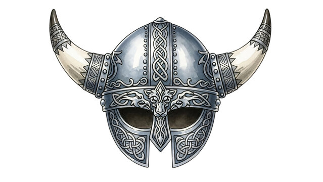 Viking helmet with horns and celtic pattern front helmet is shown in.
