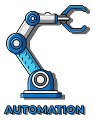 A stylized icon of a robotic arm  outlined in black and filled with white and light blue