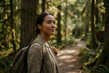 Asian woman with backpack hiking on sunlit forest trail