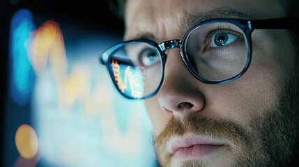 Man with glasses looking at a screen