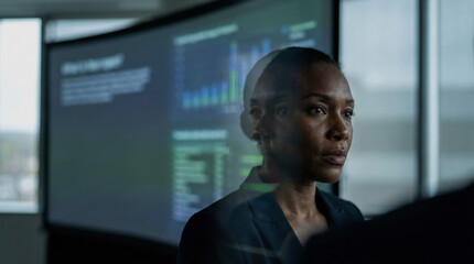 Businesswoman looking at digital data charts in corporate office