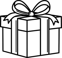 Gift Box Line Art Vector, Present Outline Icon with Ribbon Black and White